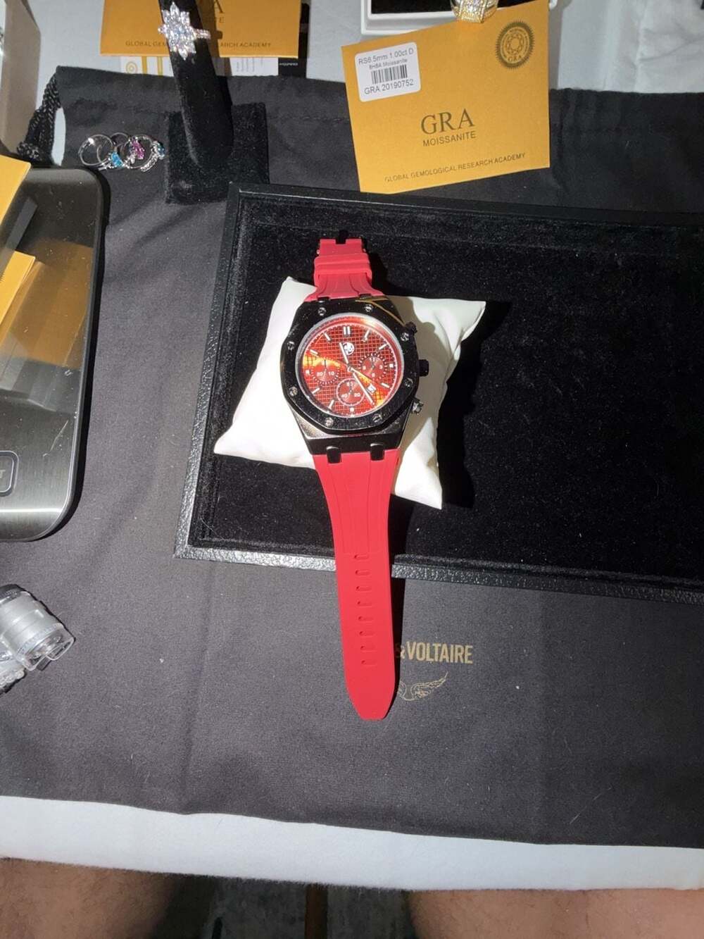 Stainless Steel Chronograph Watch with Red Silicone Strap red face black bezel